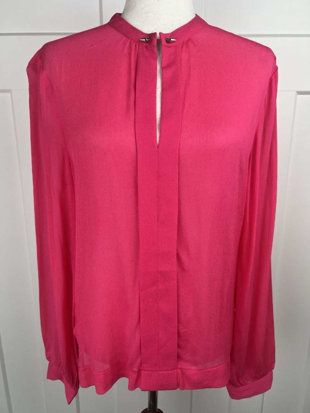 FRNCH Paris Fuchsia Blouse NWT Gold Bar Neck Detail Sheer Long Sleeve Top Size L